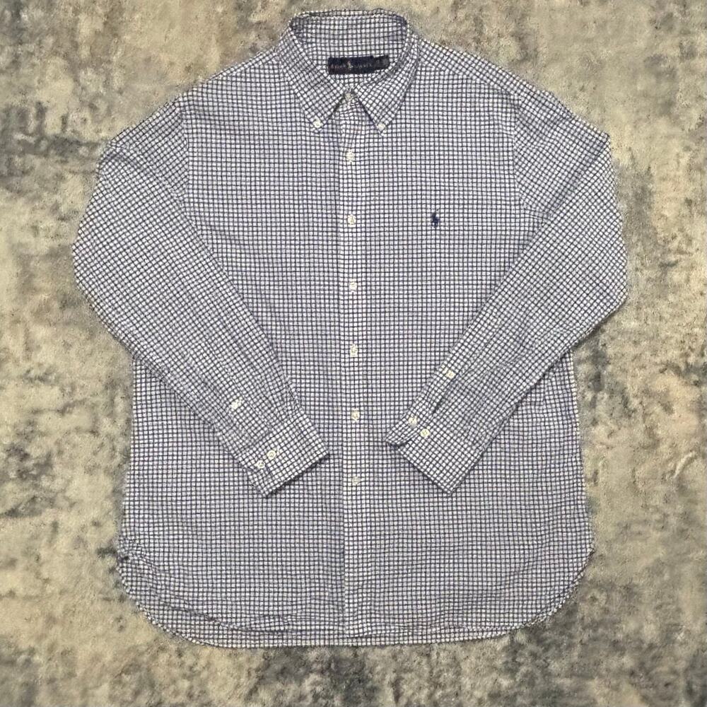 Ralph Lauren Mens 17 34/35 Button Up Shirt Long Sleeve Blue White Checkered